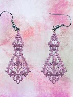 Vintage Pink Filigree Chandelier Earrings Boho Victorian Dangle Drops